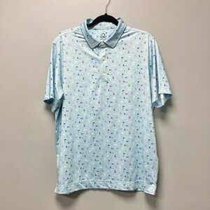 DEOLAX Golf Polo Mens Size Large Light Blue‎ Patterned Flags Wine Limes Grapes